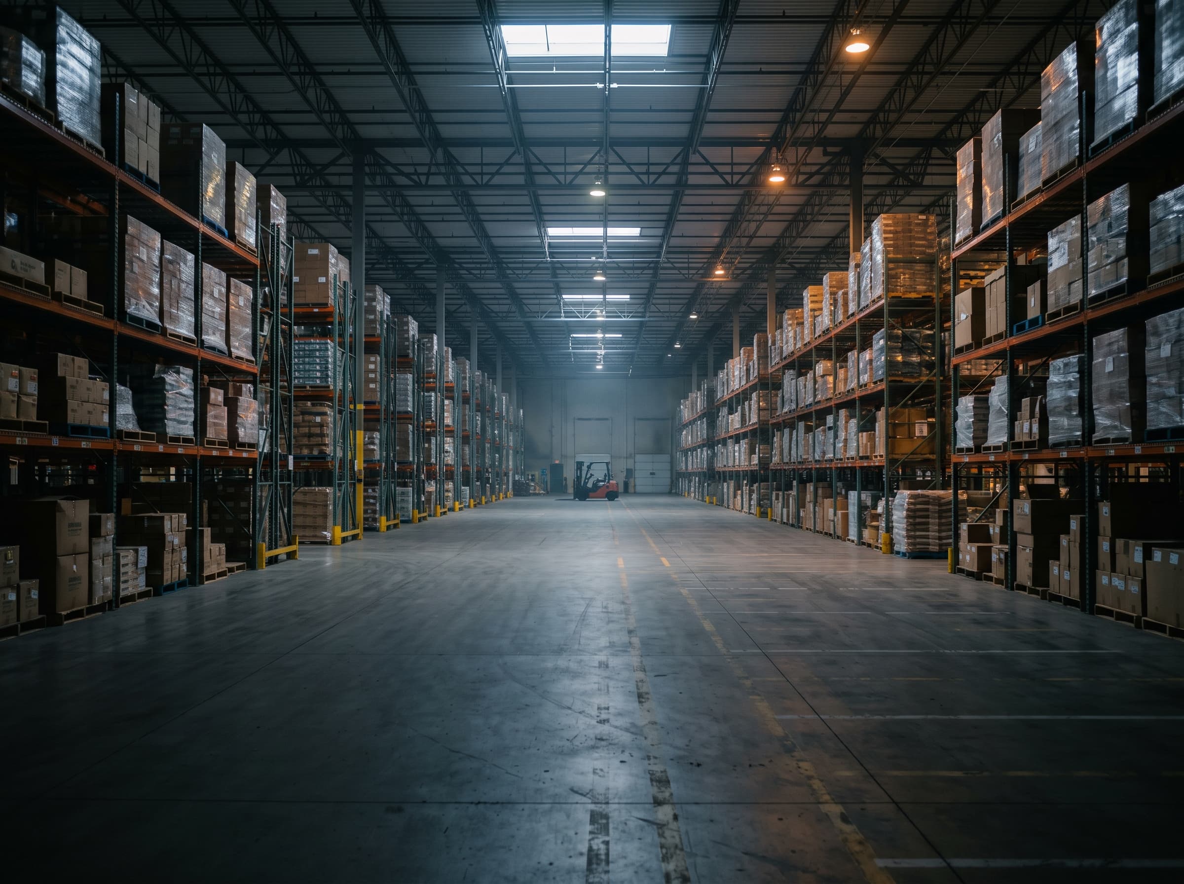 Wide view down the aisles of a Kestrel Freight warehouse