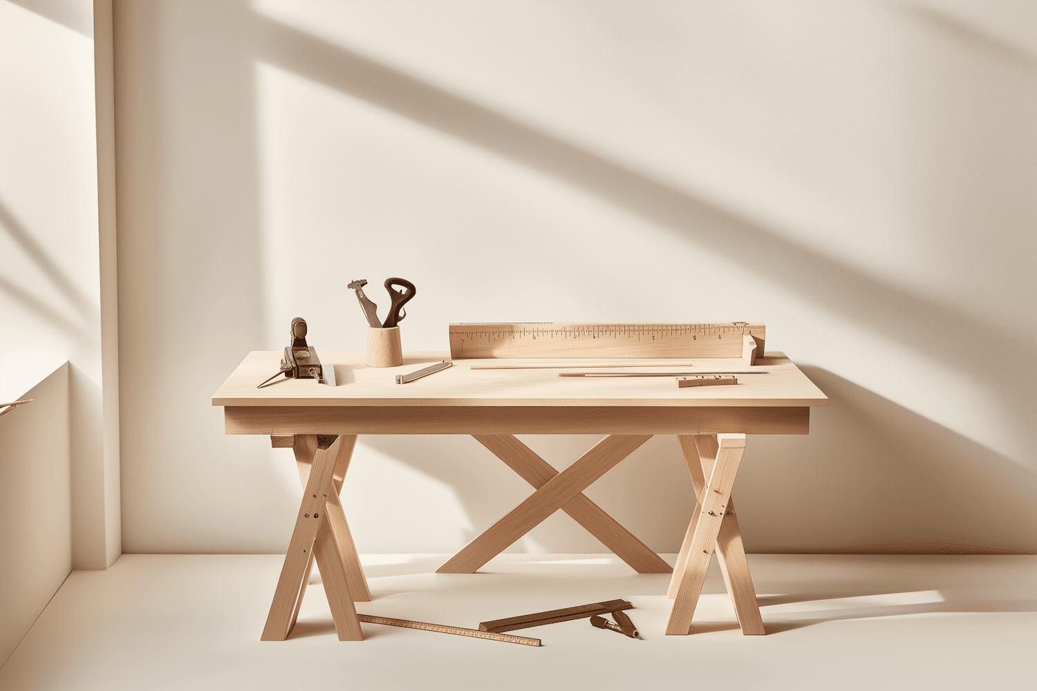 Workbench with hand tools in the Oakmont Supply workshop